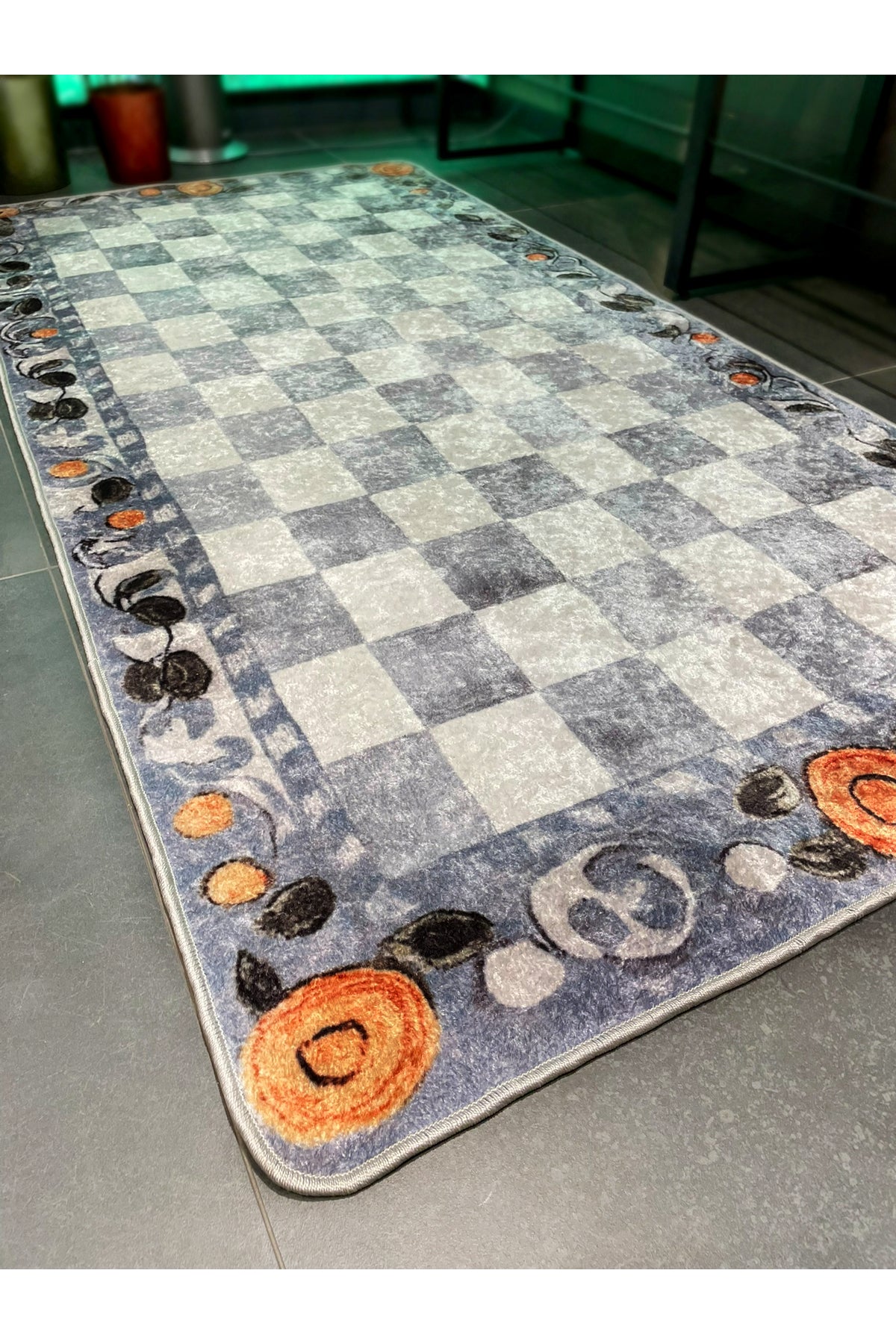 Beige Orange Checkered Pattern Non-Slip Base Kitchen Rug