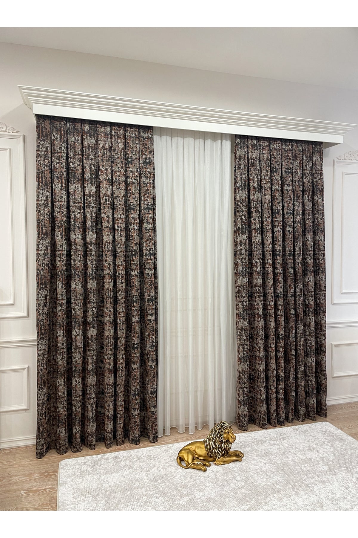 Orange - Brown Abstract Pattern 1/3 Tight Pleat Jacquard Woven Blackout Curtain