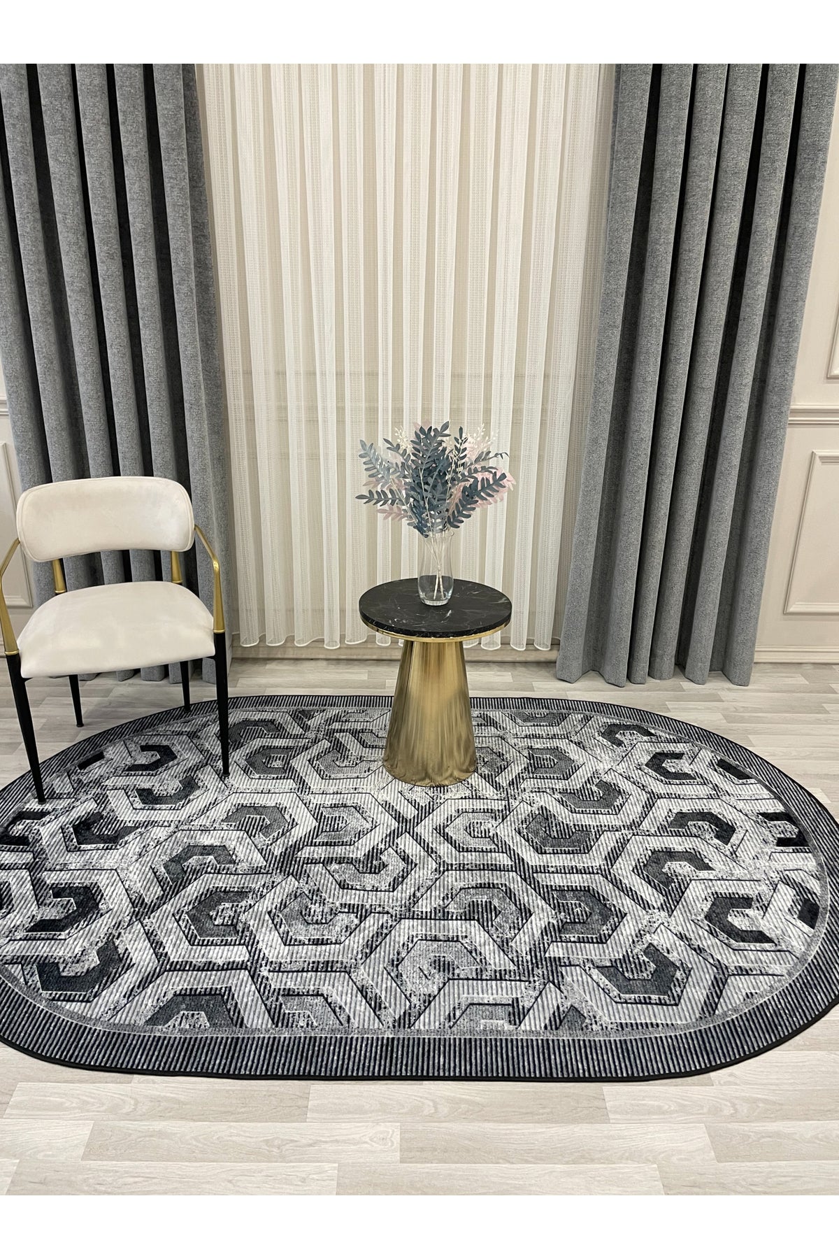 Gray Embossed-Look OVAL Latex Leather Base Rug