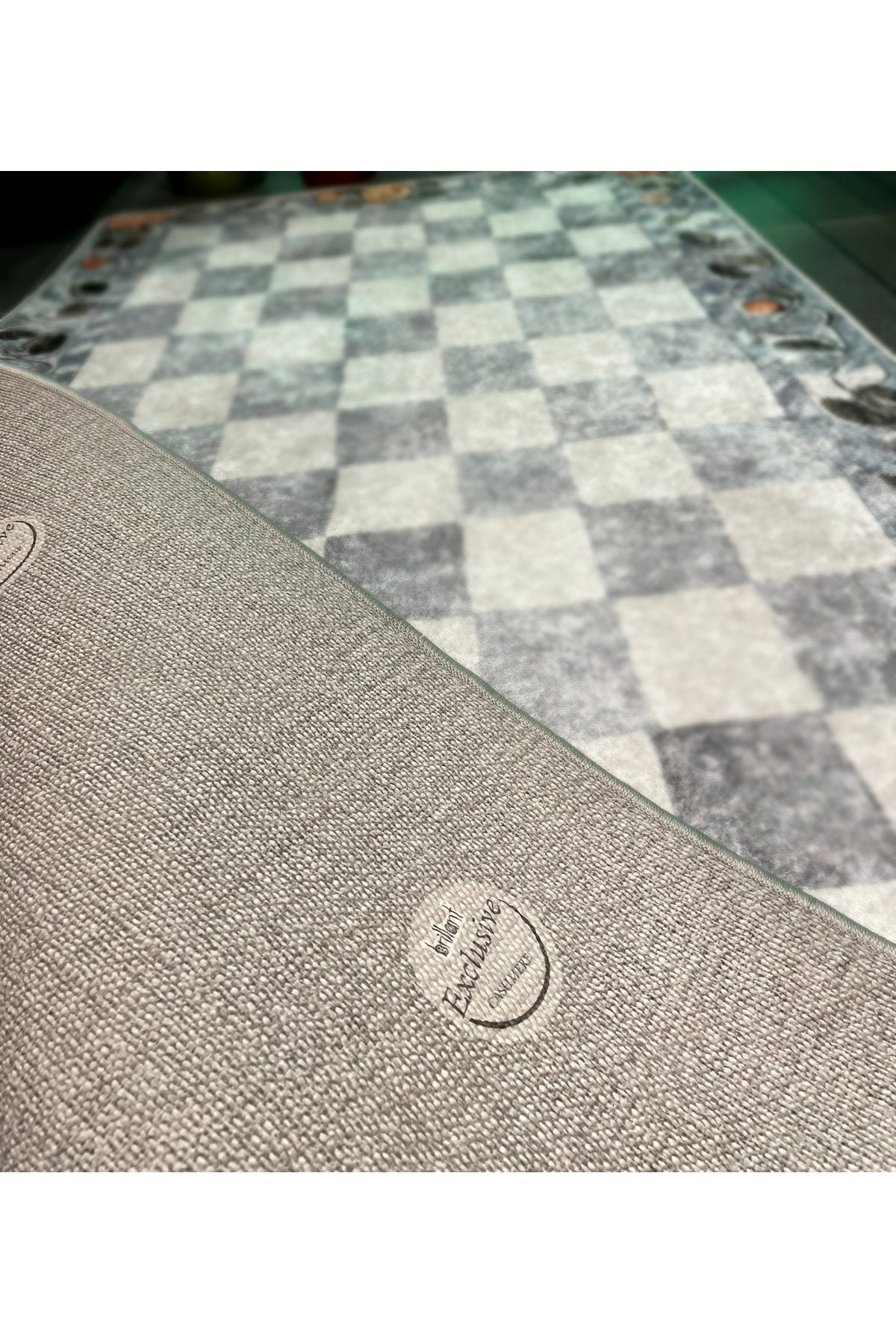 Beige Orange Checkered Pattern Non-Slip Base Kitchen Rug