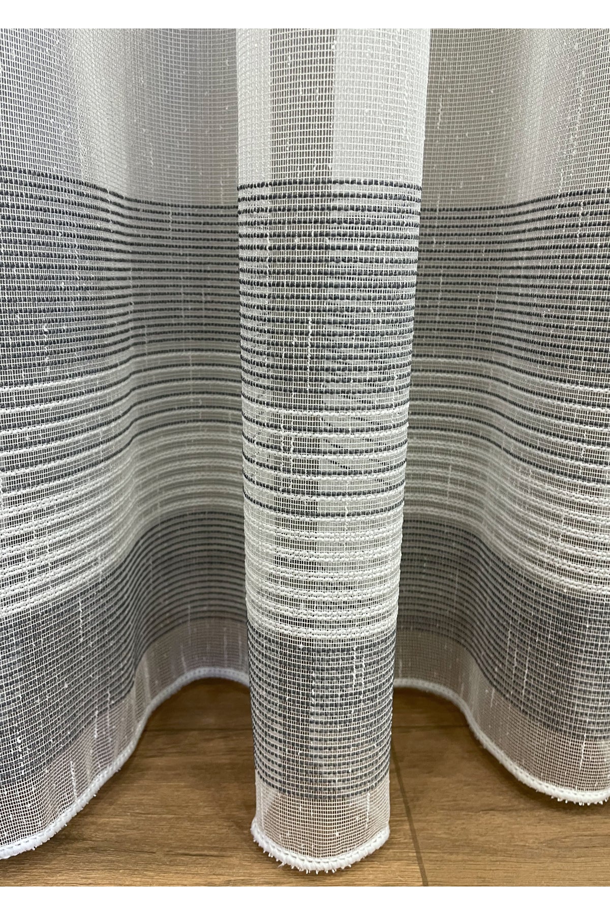 Modern Shantung 3-Row Banded 1/2.5 Pleat - Ecru/Gray Sheer Curtain