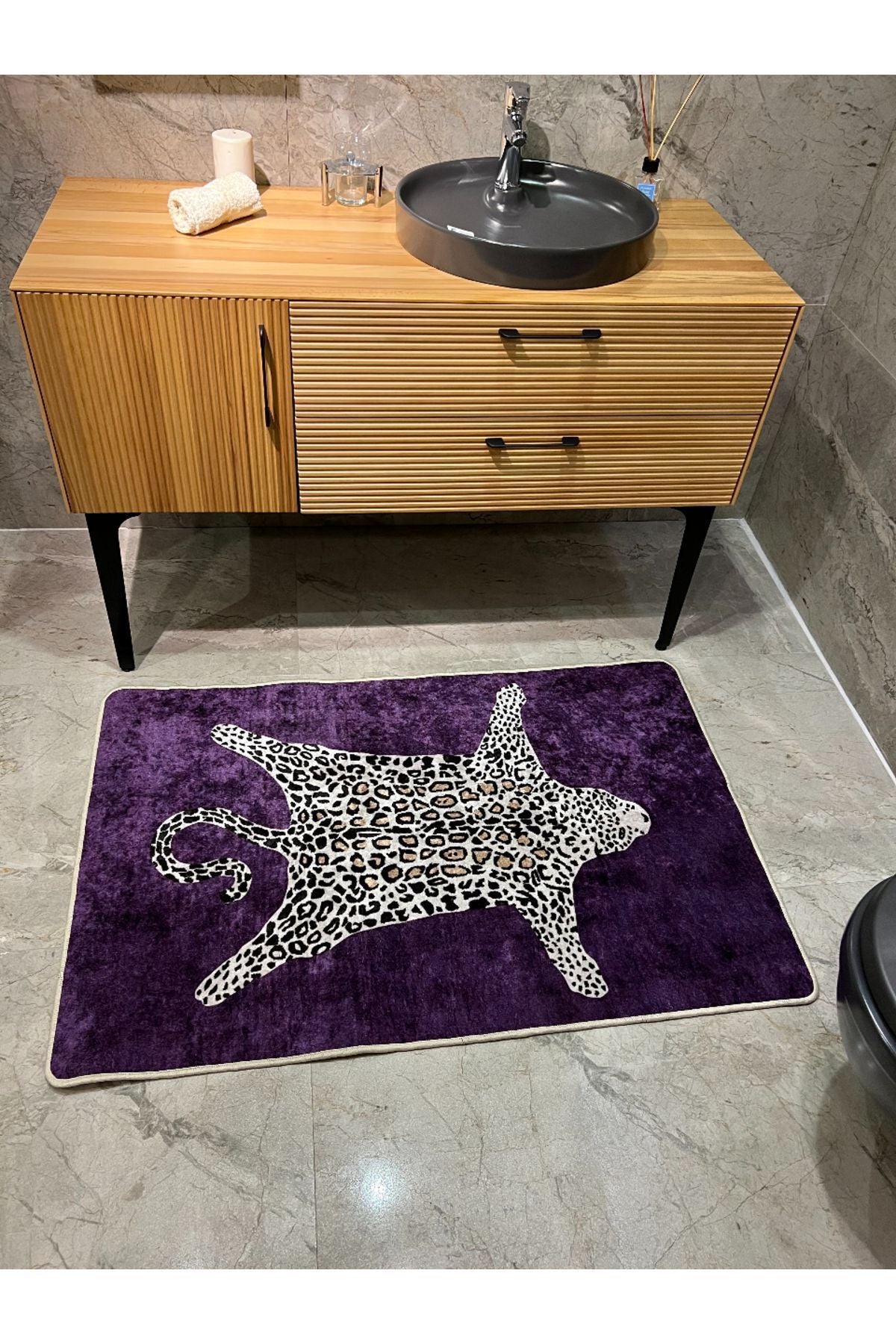 Leopard Pattern Washable 80x120 Single Bath Mat - Black