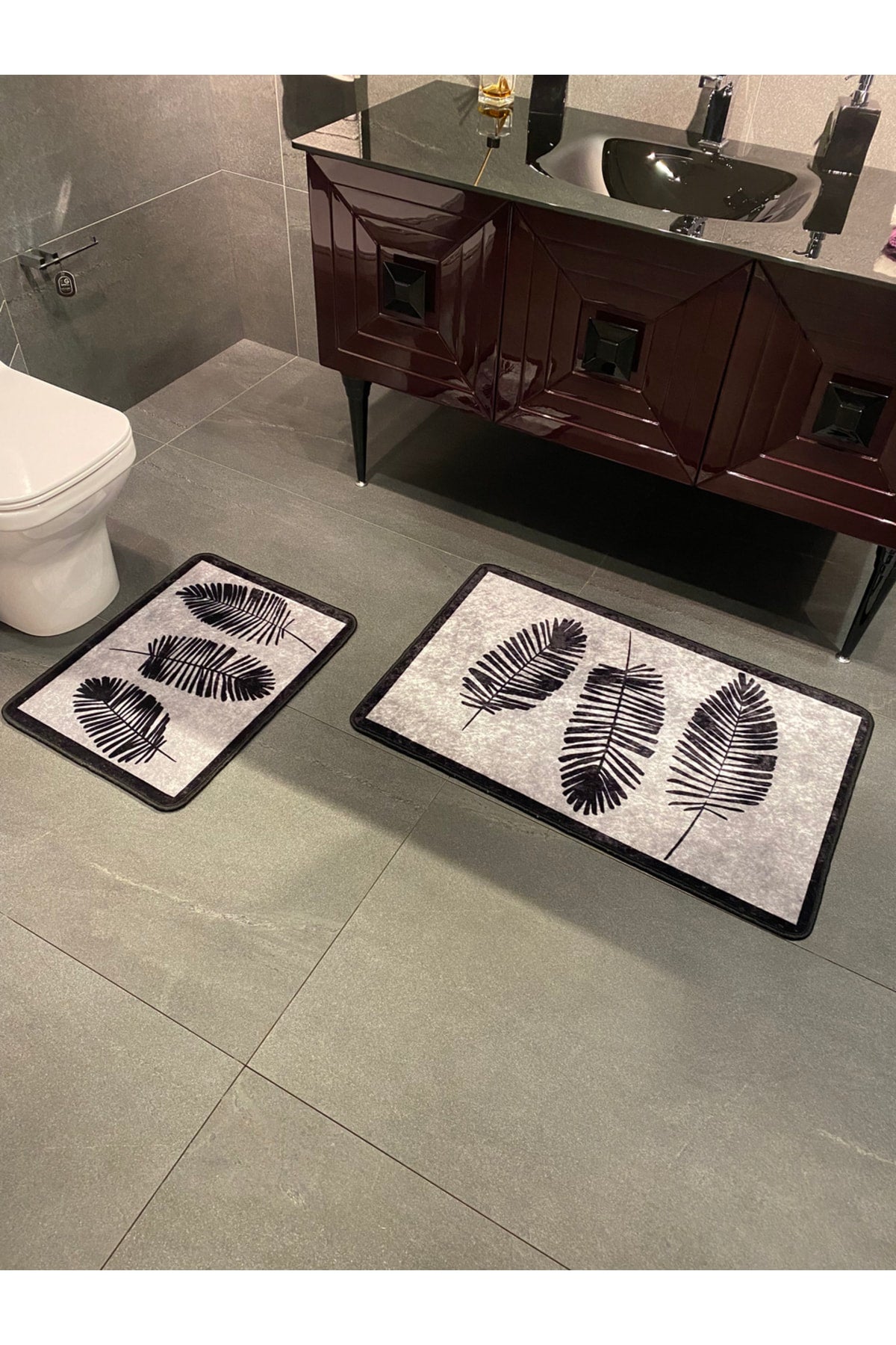 Haven Yaprak Desenli 2'li Kaymaz Taban Su Geçirmez Banyo Paspas Takımı (60x100 - 60x50) Bej