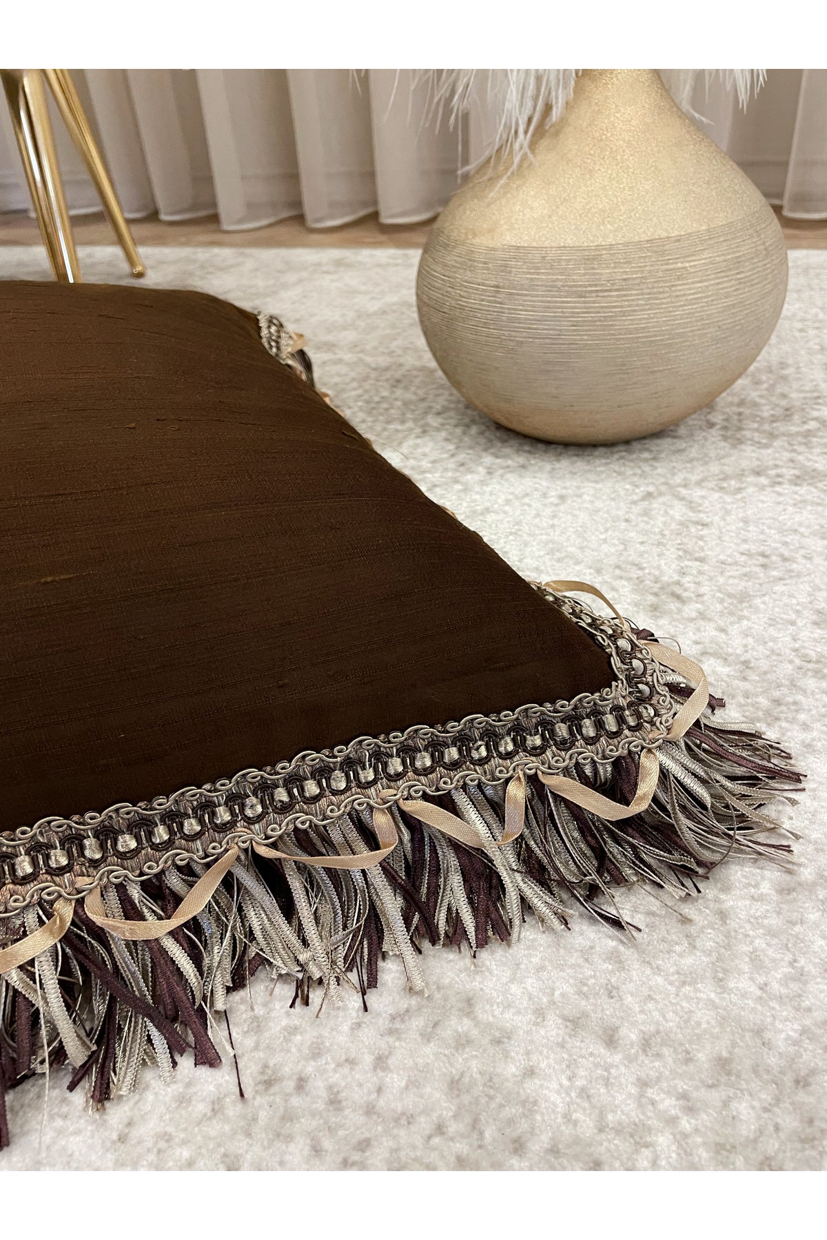 İthal Ipek (silk) Kırlent Yastık Kılıfı Kordonlu 45X45 KOYUKAHVE