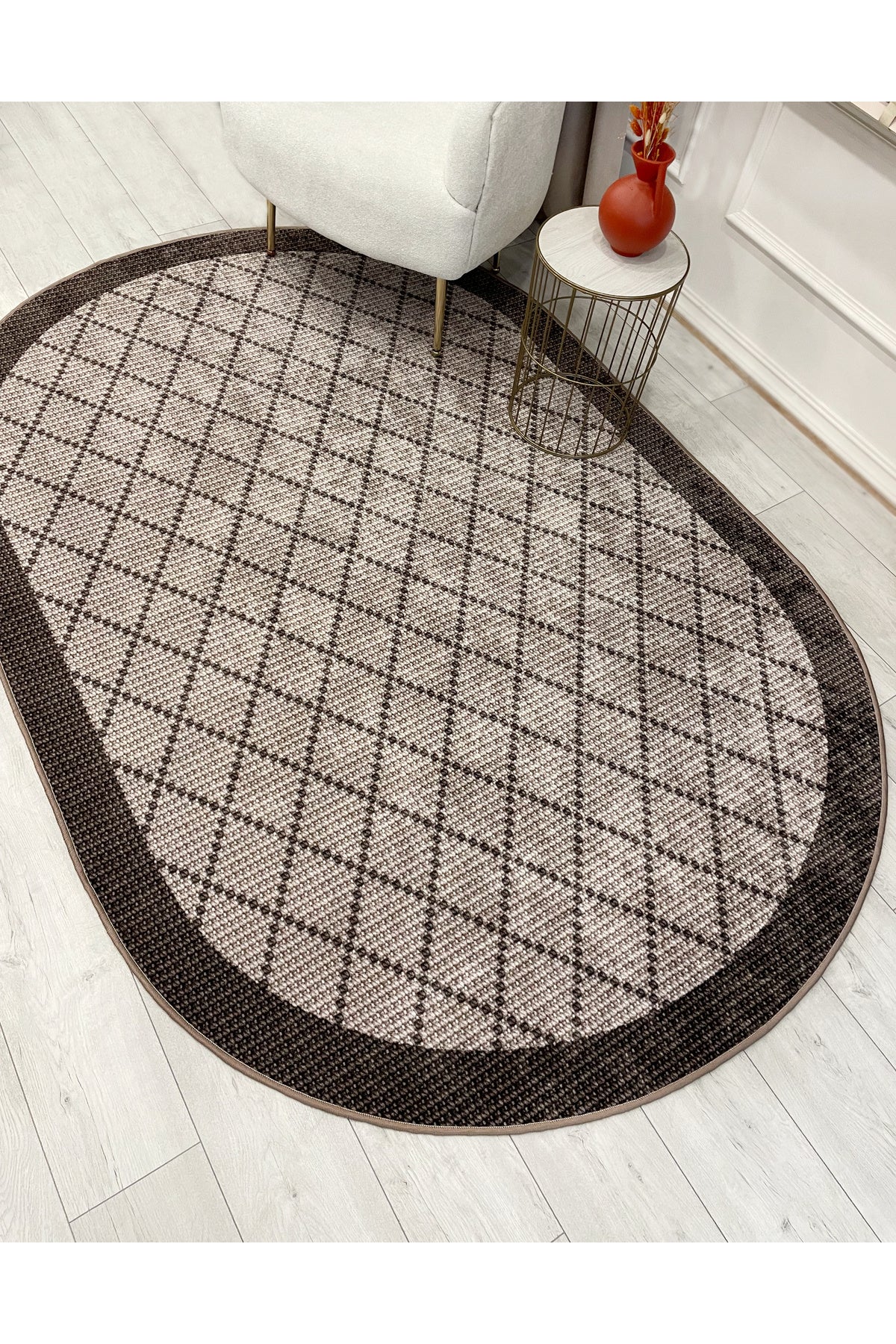 GREEN-BROWN Jute Sisal Look Bordered Non-Slip Base Runner Rug