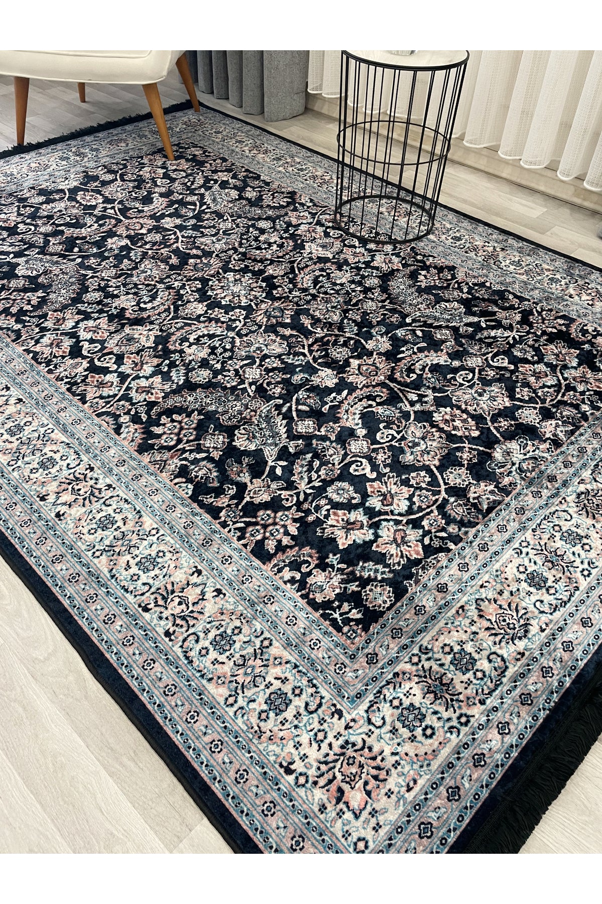 NAVY BLUE Traditional Motif FRINGED Classic Non-Slip Base Rug