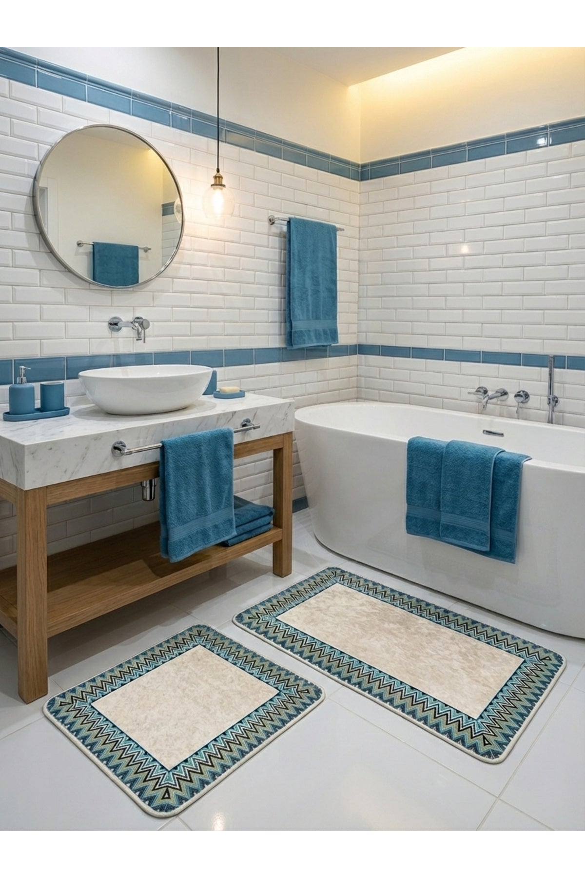 Mint Green - Zigzag Patterned Leather Base 2-Piece Bath Mat Set (60x100 - 60x50)