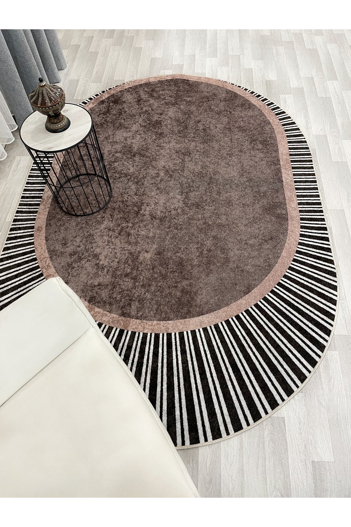 GREEN Striped Oval Non-Slip Base Rug