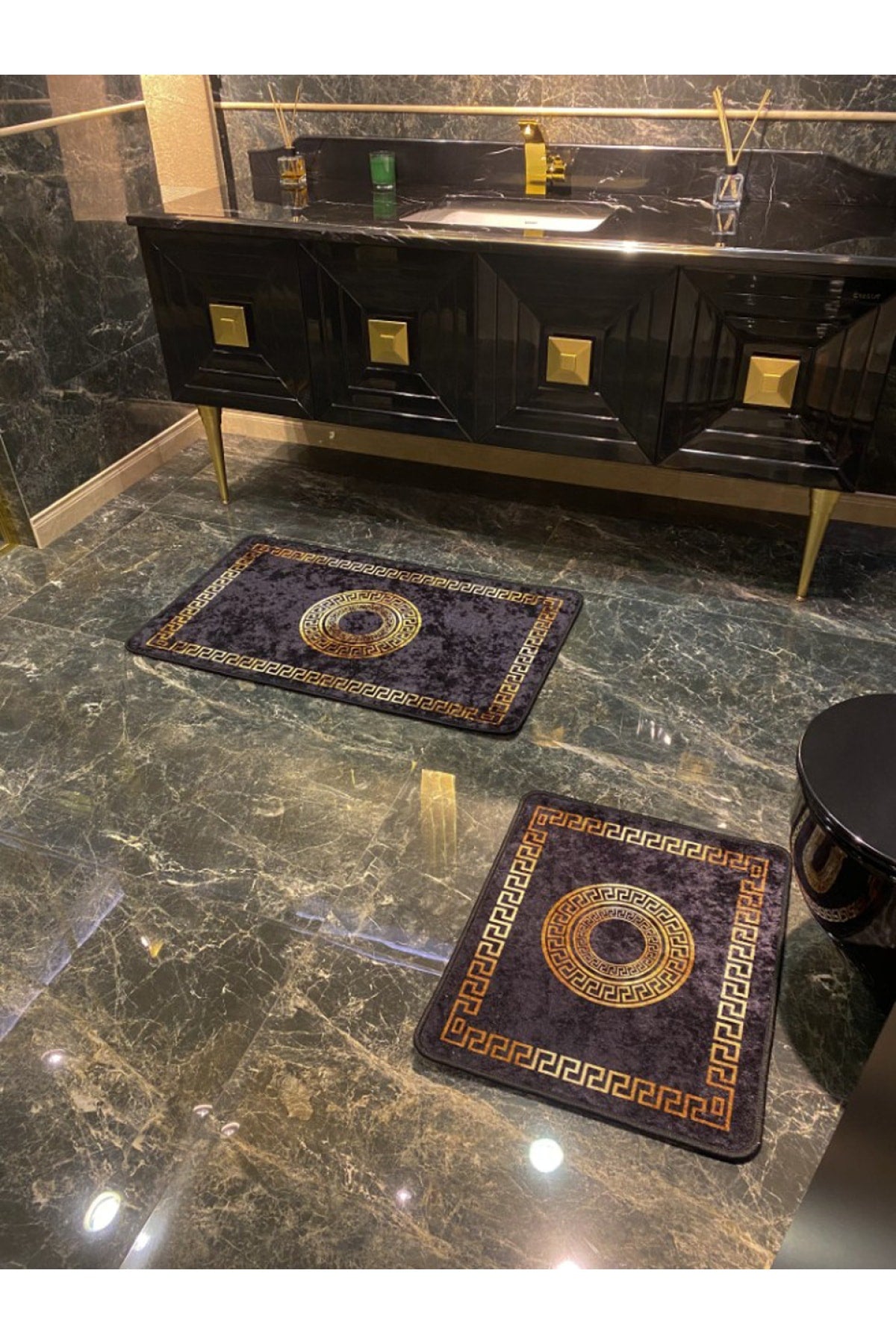 Mendes 2'li Lateks Kaymaz Taban Su Geçirmez Banyo Paspas Takımı (60x100 - 60x50) Siyah/altın