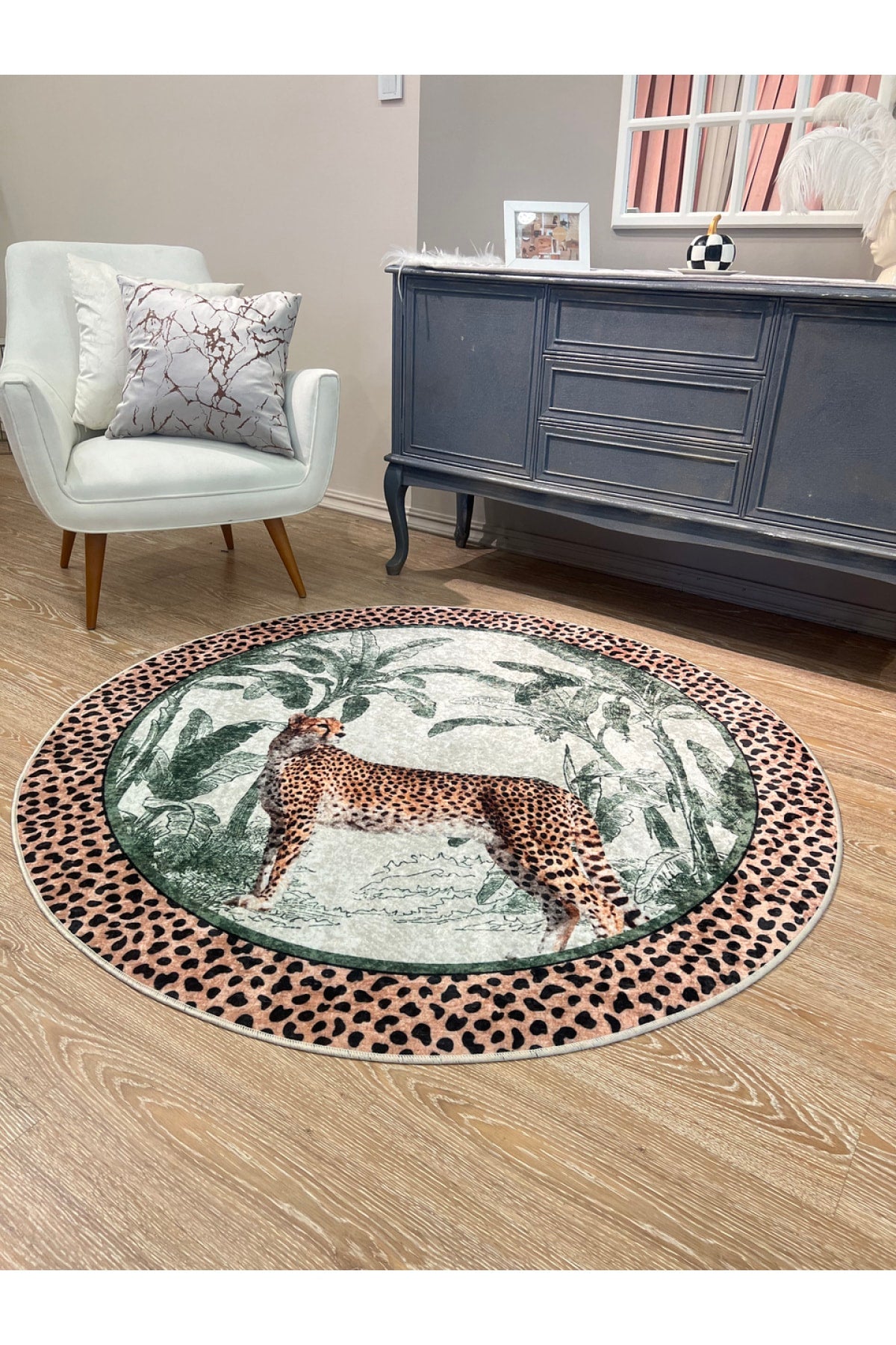 Cheetah Print Latex-Backed Round Rug