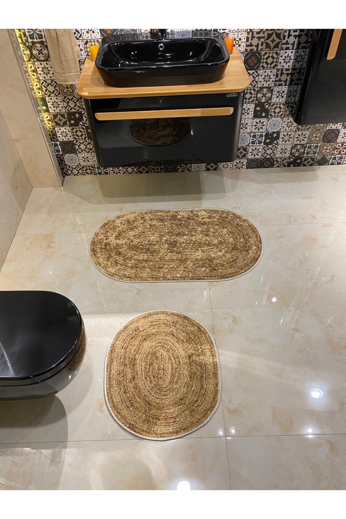 Hasır Desenli Oval 2'li Kaymaz Taban Banyo Paspas Takımı (60x100 - 60x50) Kahverengi