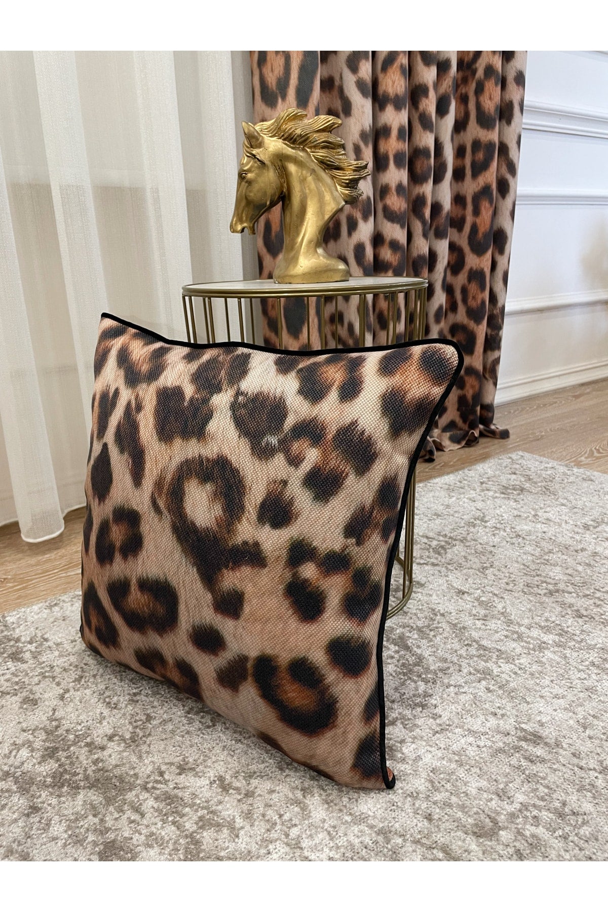 Leopard Pattern Linen-Look Piped Cushion Cover 45x45