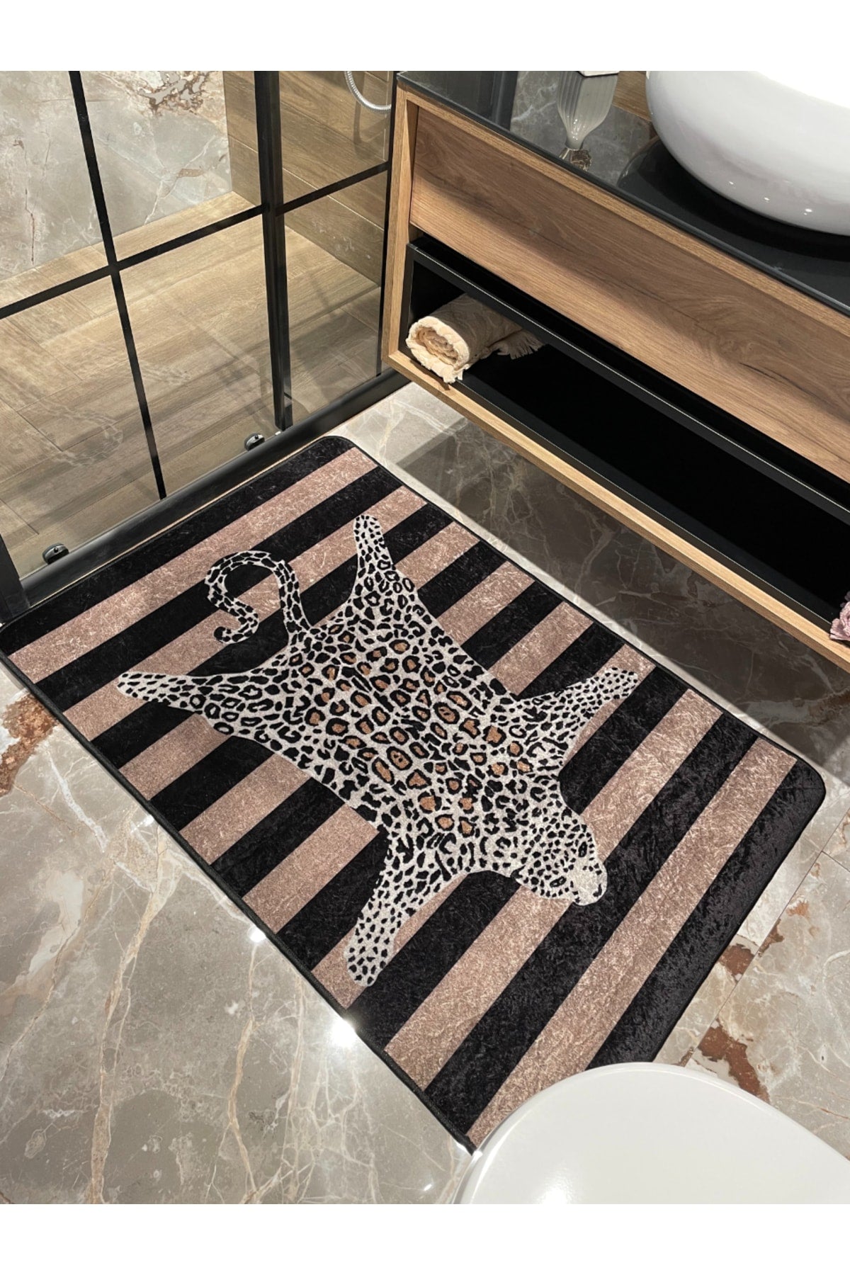 Leopard Pattern Striped Single Bath Mat - Beige-Brown Size (80x120)