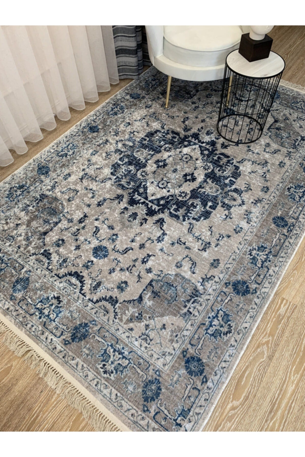 Aker Kilim Motif Latex Non-Slip Base Fringed Vintage Rug