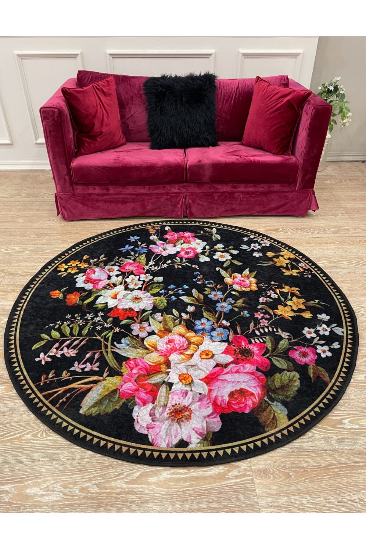Floral Pattern Decorative Leather-Backed Round Rug - Black