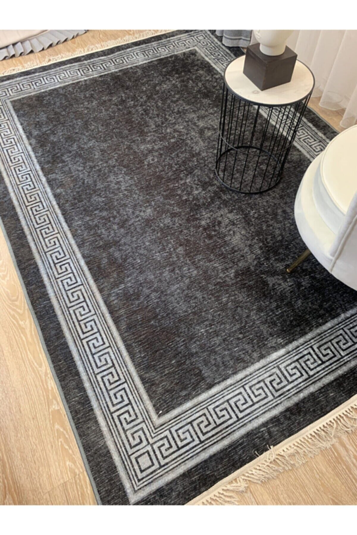 Brown Mink Bordered Latex Base Fringed Rug