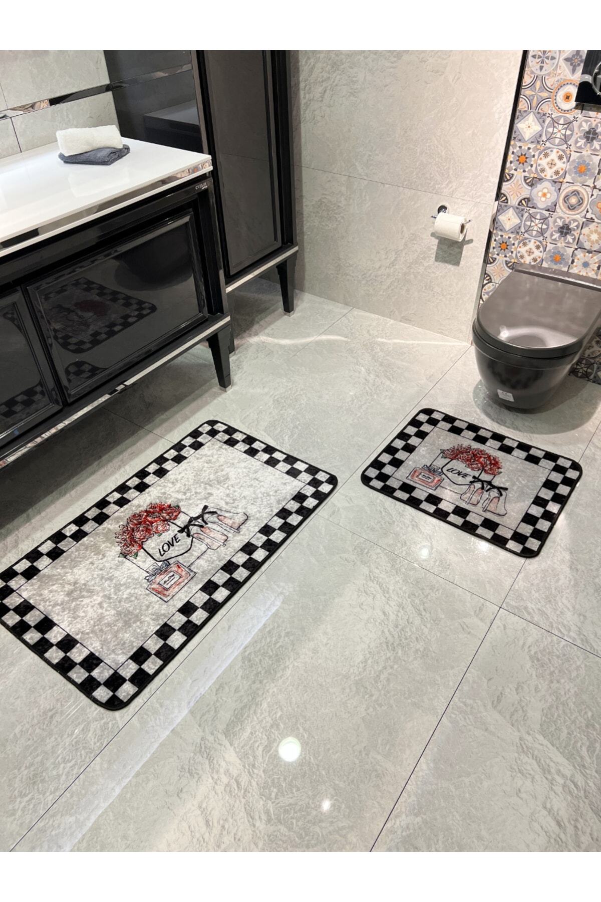 2'li Parfüm Şişesi Damalı Yıkabilir Banyo Paspas Takımı (60x100 - 60x50) Gri