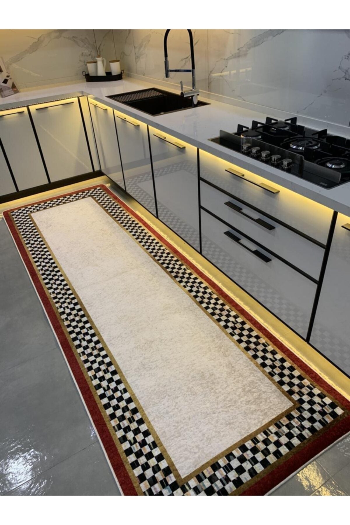 Rosen Model Checkered Non-Slip Base Kitchen Rug - Gray-Burgundy