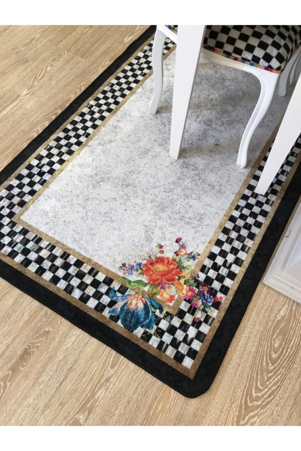 Checkered Floral Latex Non-Slip Base Fringe-Free Kitchen Rug