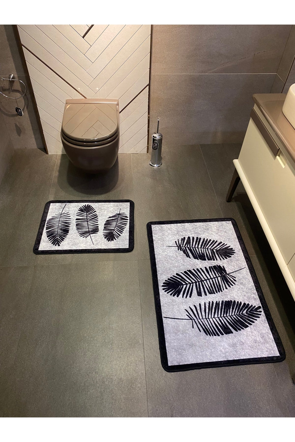 Haven Yaprak Desenli 2'li Kaymaz Taban Su Geçirmez Banyo Paspas Takımı (60x100 - 60x50) Bej