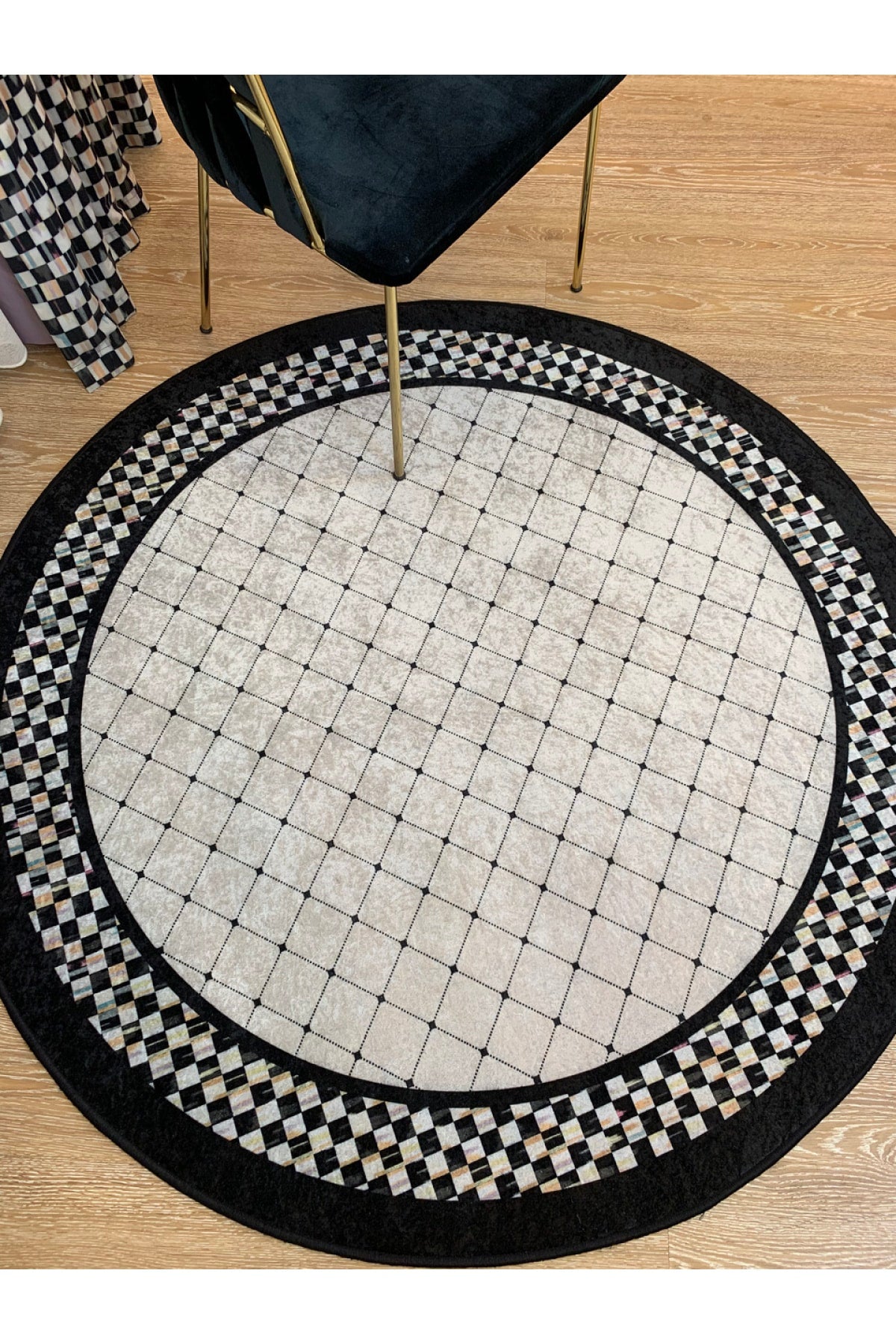 Checkered Round Latex Non-Slip Base Fringe-Free Kitchen Terrace Balcony Rug