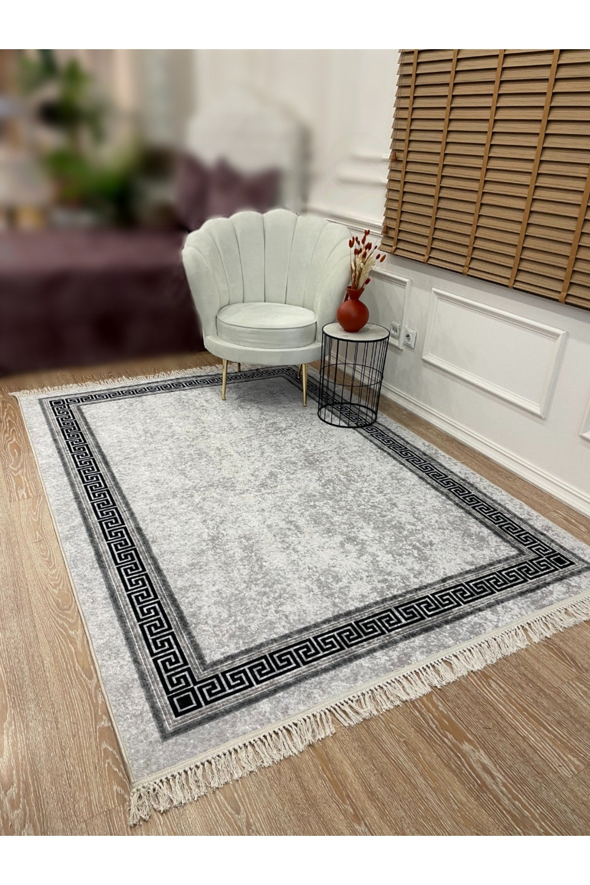 Brown Mink Bordered Latex Base Fringed Rug