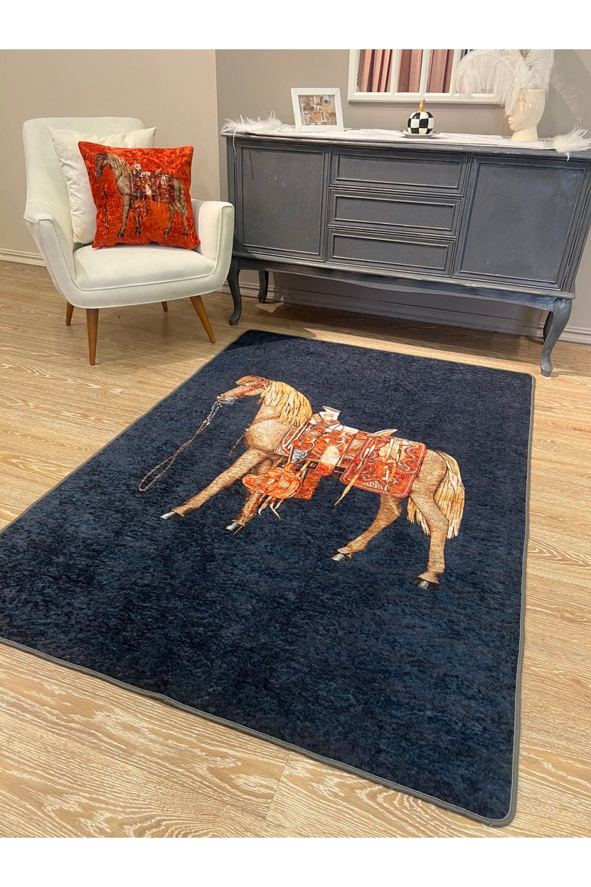 Horse Pattern Latex-Backed Round Rug