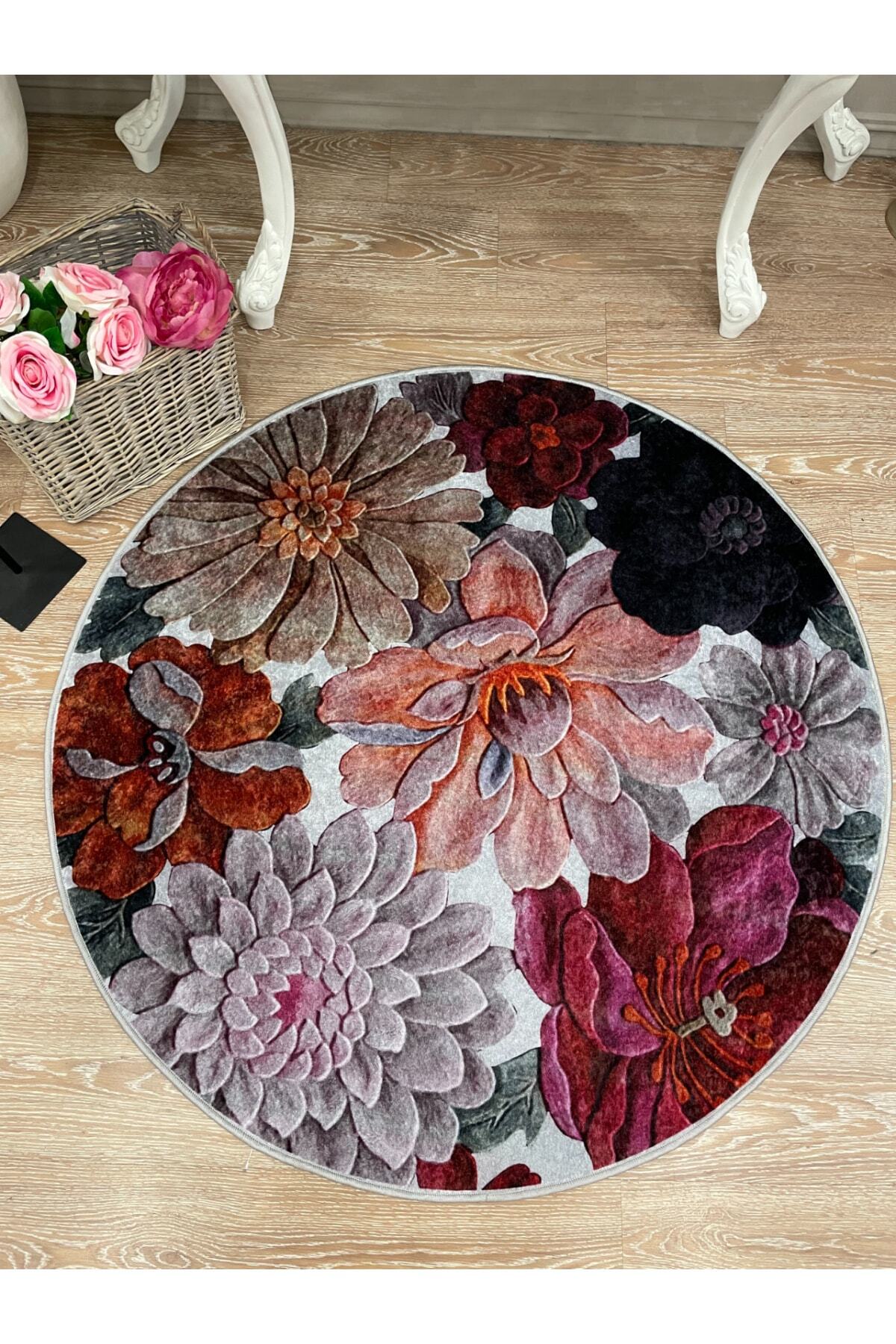 Floral Pattern Washable Decorative Round Rug - Gray