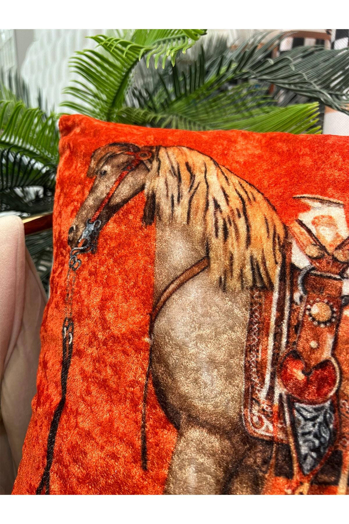 %100 Velvet Horse Print Cushion Cover (Orange) 45x45