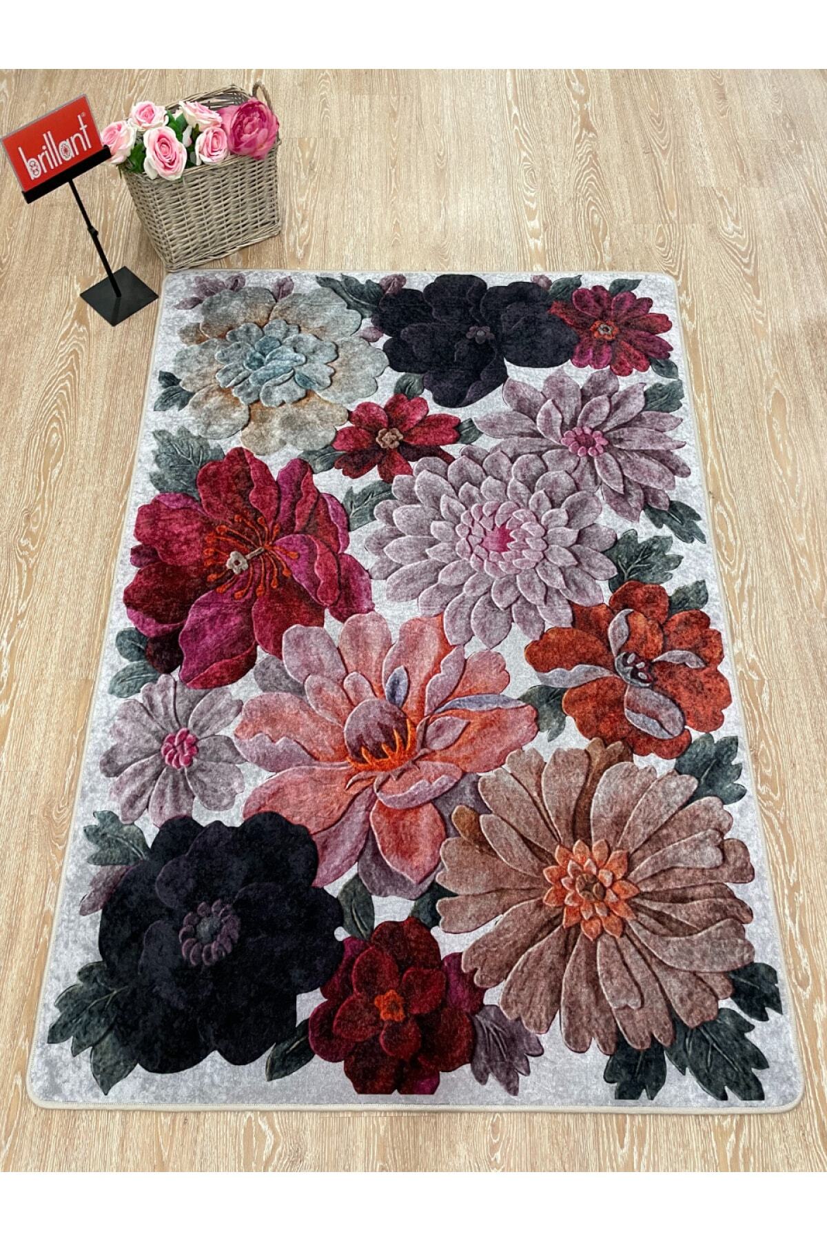 Floral Pattern Washable Decorative Round Rug - Gray
