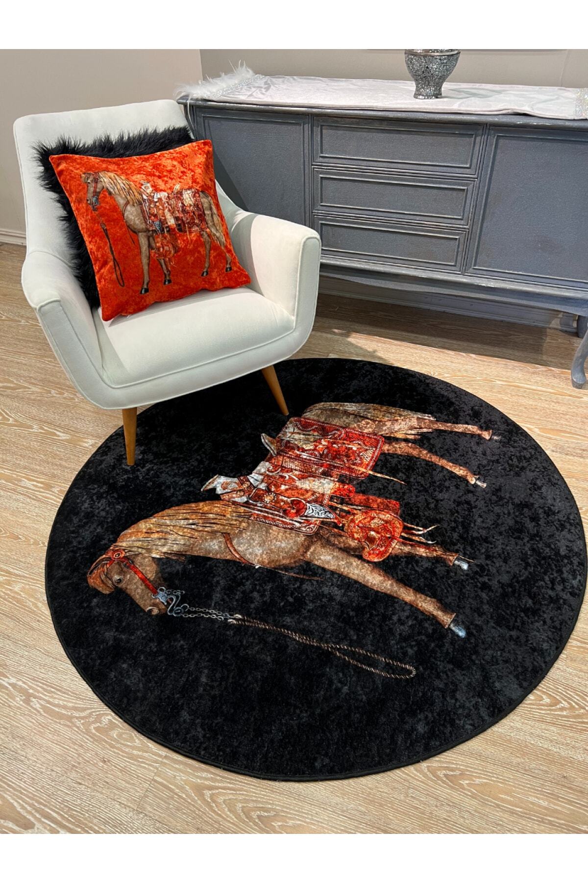 Horse Pattern Latex-Backed Round Rug