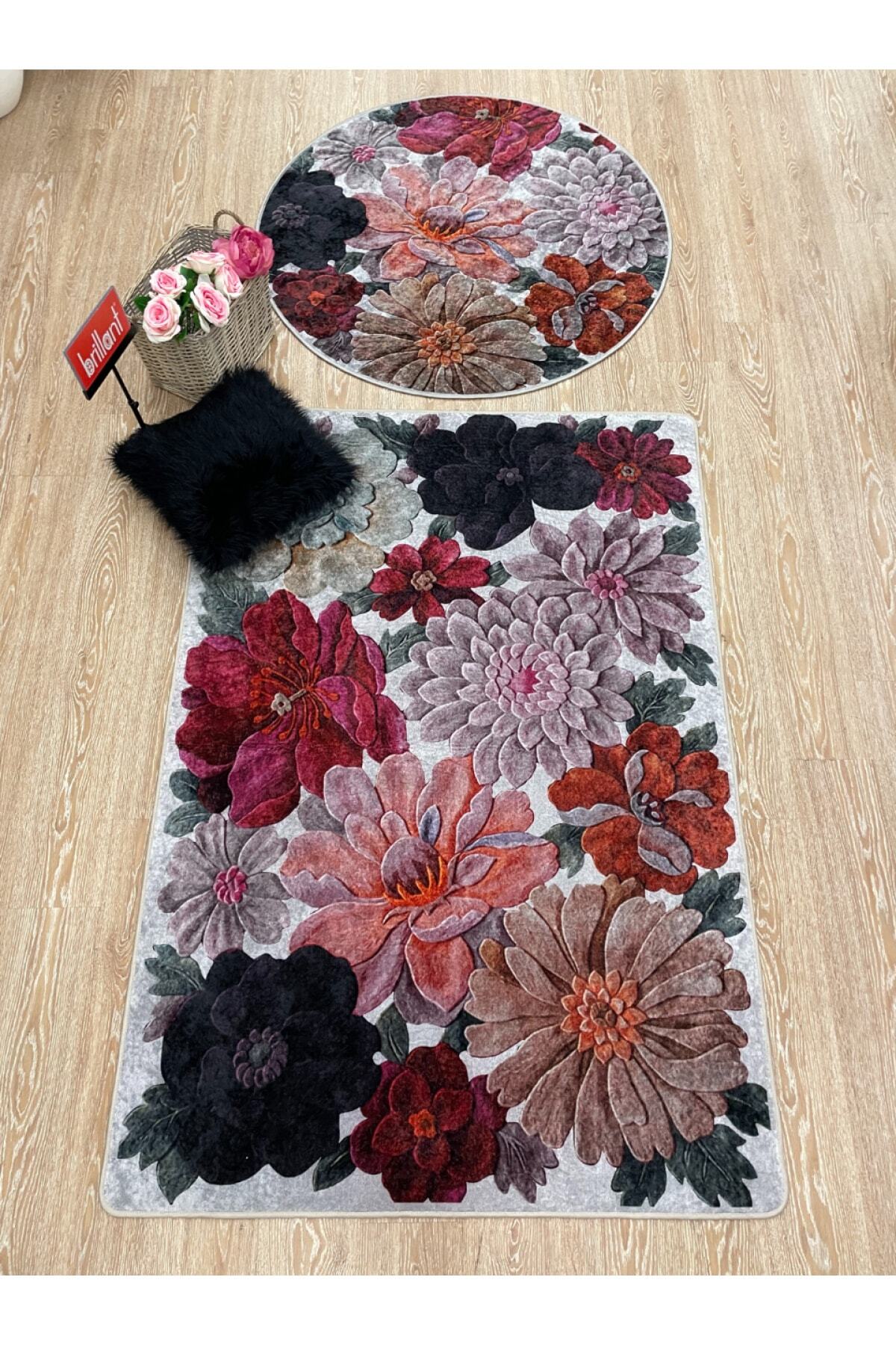 Floral Pattern Washable Decorative Round Rug - Gray