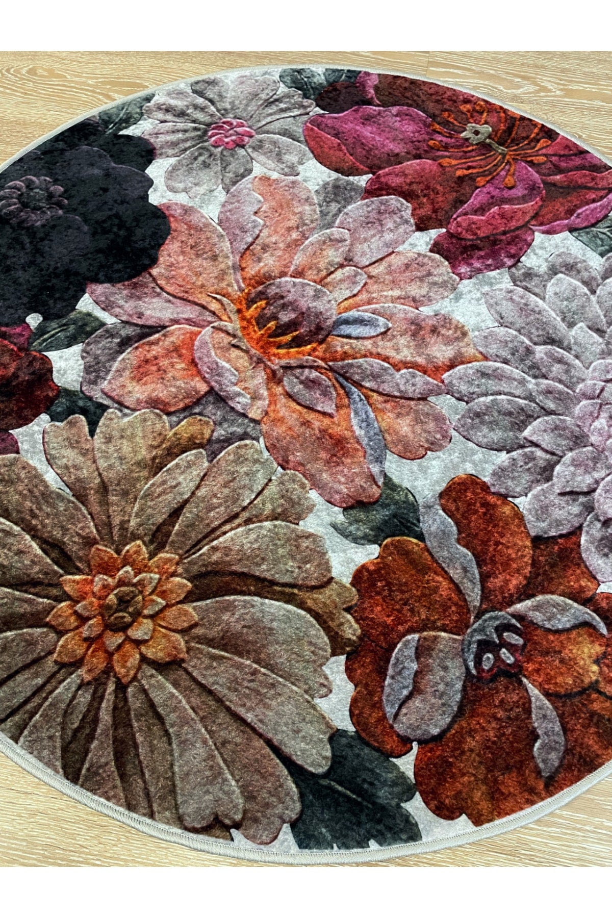 Floral Pattern Washable Decorative Round Rug - Gray