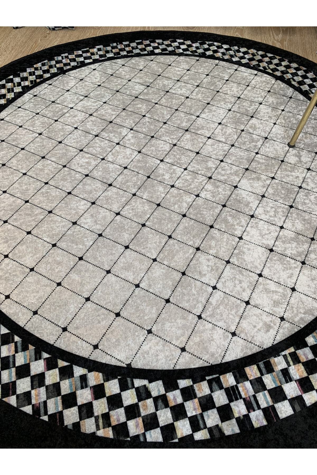 Checkered Round Latex Non-Slip Base Fringe-Free Kitchen Terrace Balcony Rug