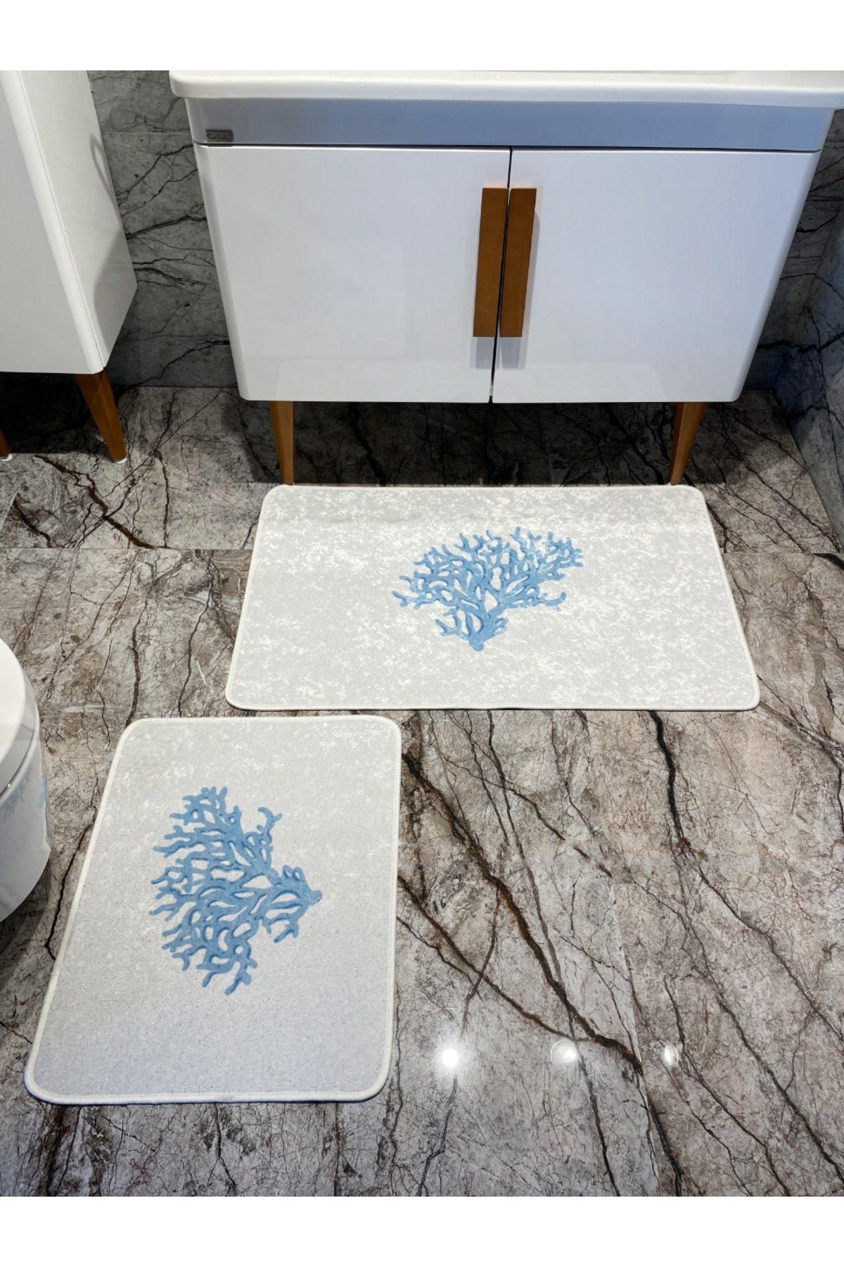 Mercan 2-Piece Latex Base Bathroom Mat Set (60x100 - 60x50) NAVY BLUE