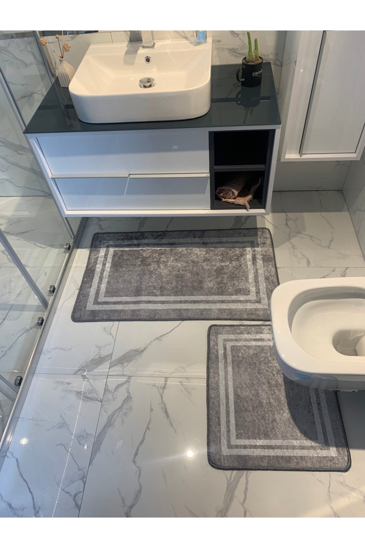 Tracy 2-Piece Latex Base Bathroom Mat Set - (SIZE 60X100 60X50) Black