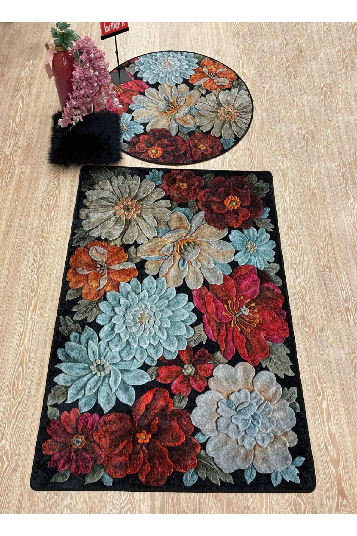 Floral Pattern Washable Decorative Round Rug - Gray