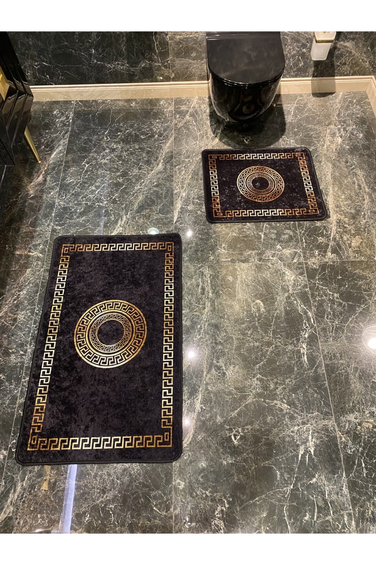 Mendes 2'li Lateks Kaymaz Taban Su Geçirmez Banyo Paspas Takımı (60x100 - 60x50) Siyah/altın