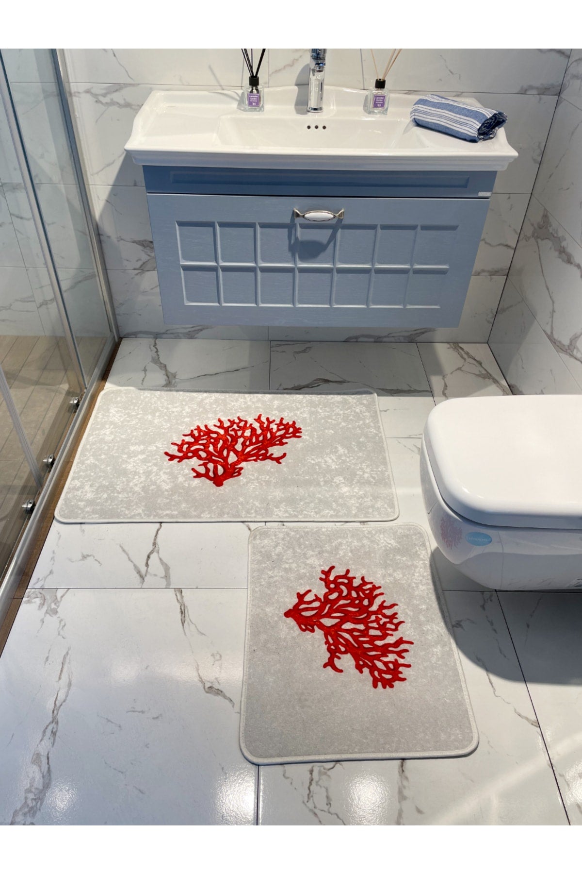 Mercan 2-Piece Latex Base Bathroom Mat Set (60x100 - 60x50) NAVY BLUE