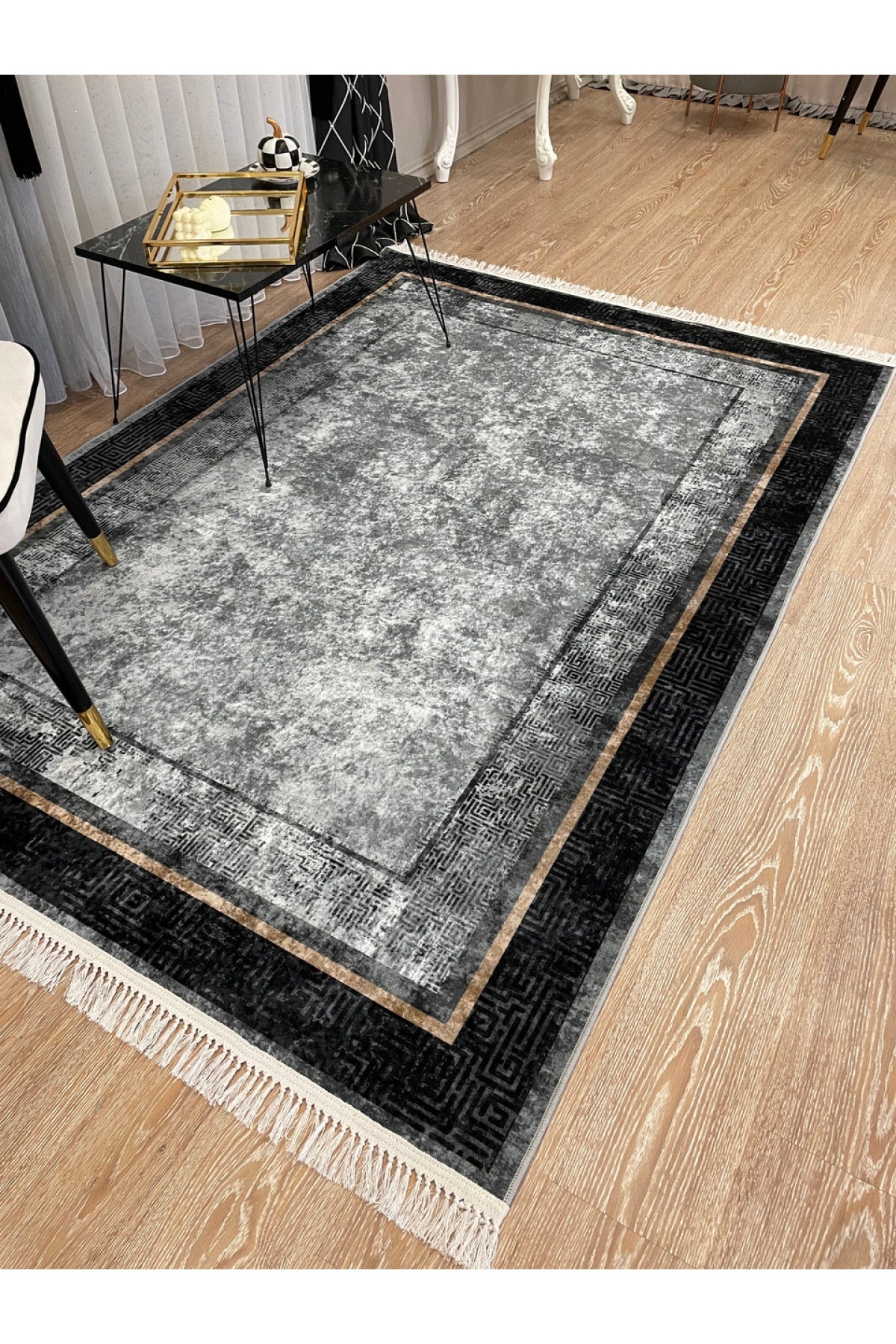 Vilmar Modern Striped Latex Leather Base Fringed Rug - Beige