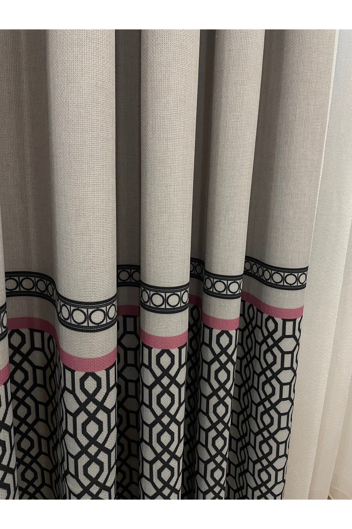 Keten Zemin Modern Geometrik Desenli 1/2,50 Pile Fon Perde