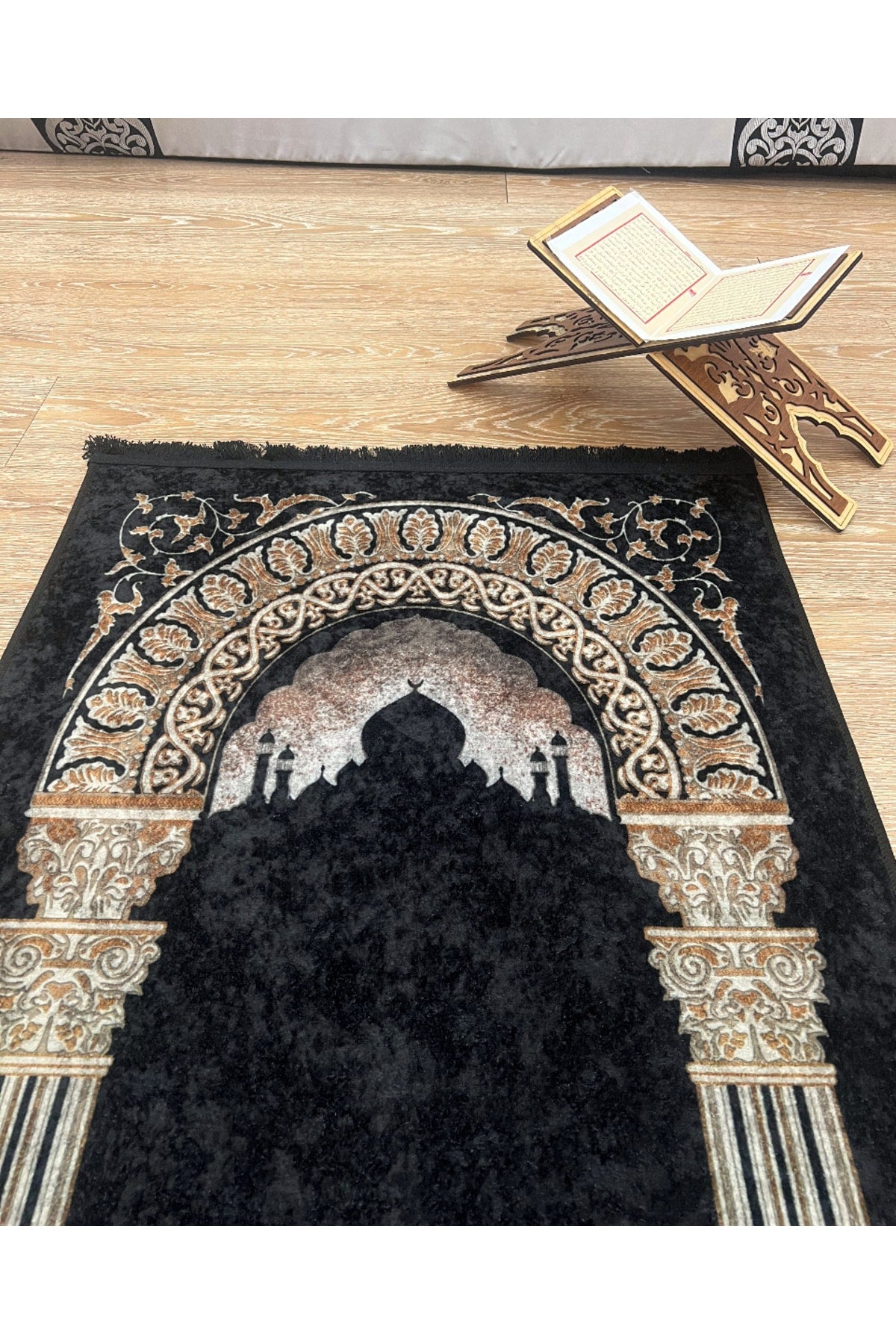 Fringed Prayer Rug (Latex Base) 75x125 Size - Black