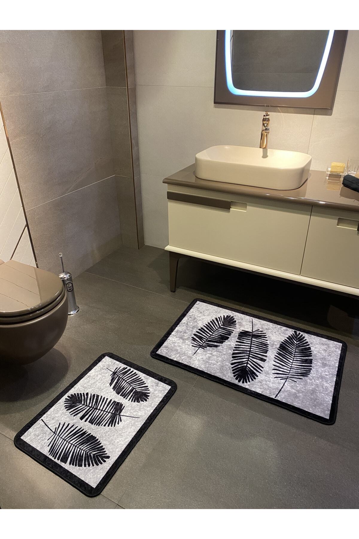 Haven Yaprak Desenli 2'li Kaymaz Taban Su Geçirmez Banyo Paspas Takımı (60x100 - 60x50) Bej