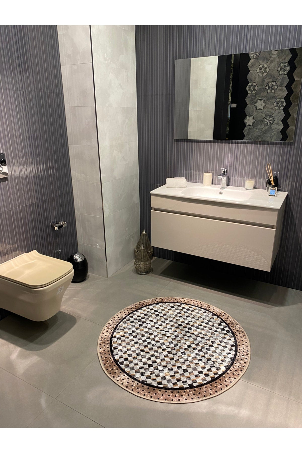 Robert Blue Diamond Pattern Fringeless Round Bathroom Mat - Blue Size 100x100