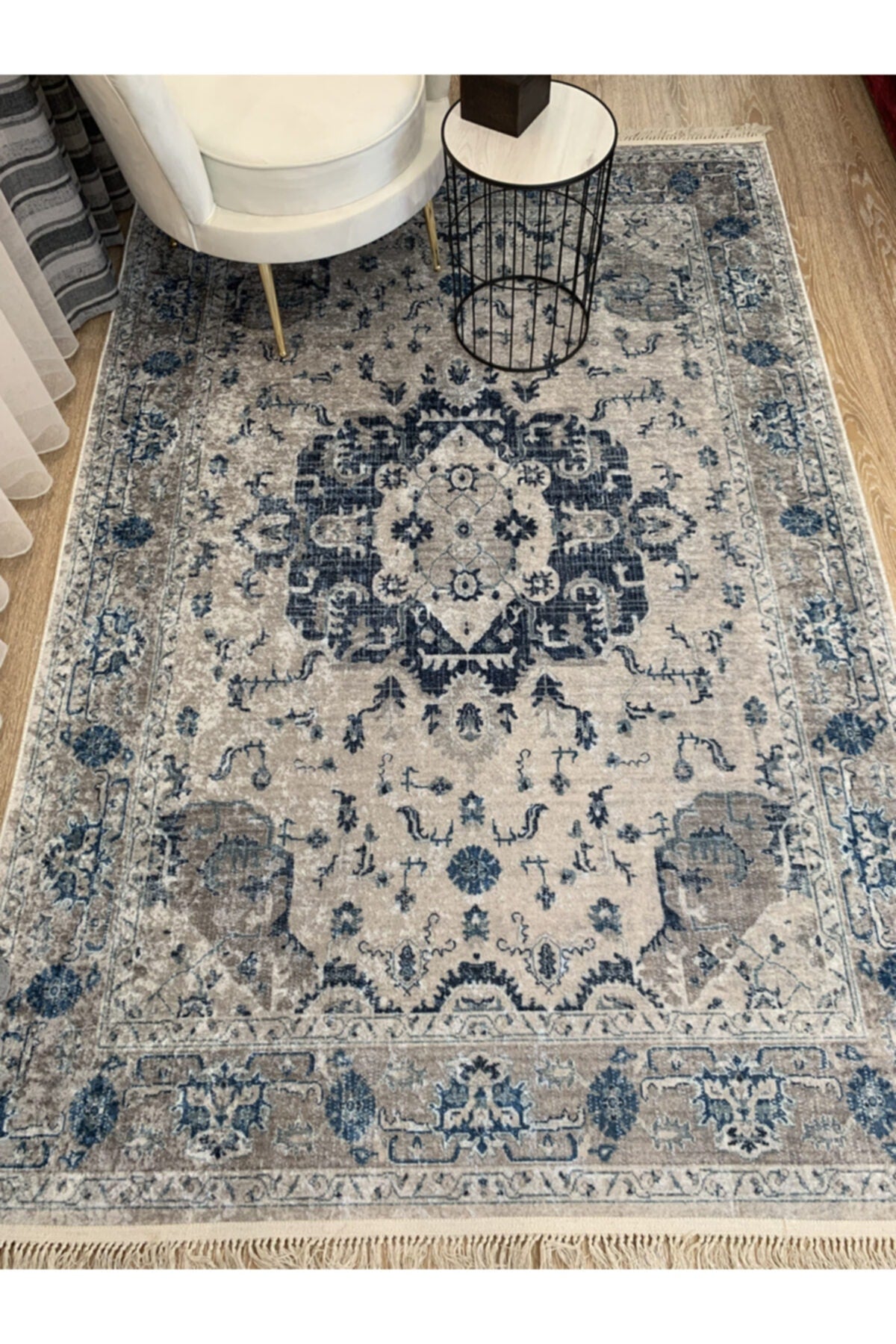 Aker Kilim Motif Latex Non-Slip Base Fringed Vintage Rug