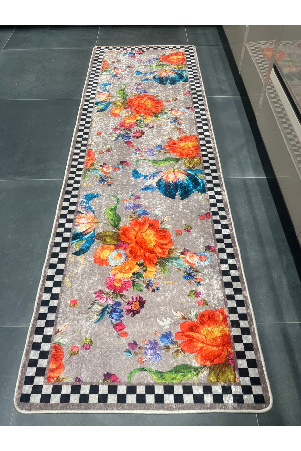 Checkered Floral Latex Non-Slip Base Kitchen Rug - Mink Brown