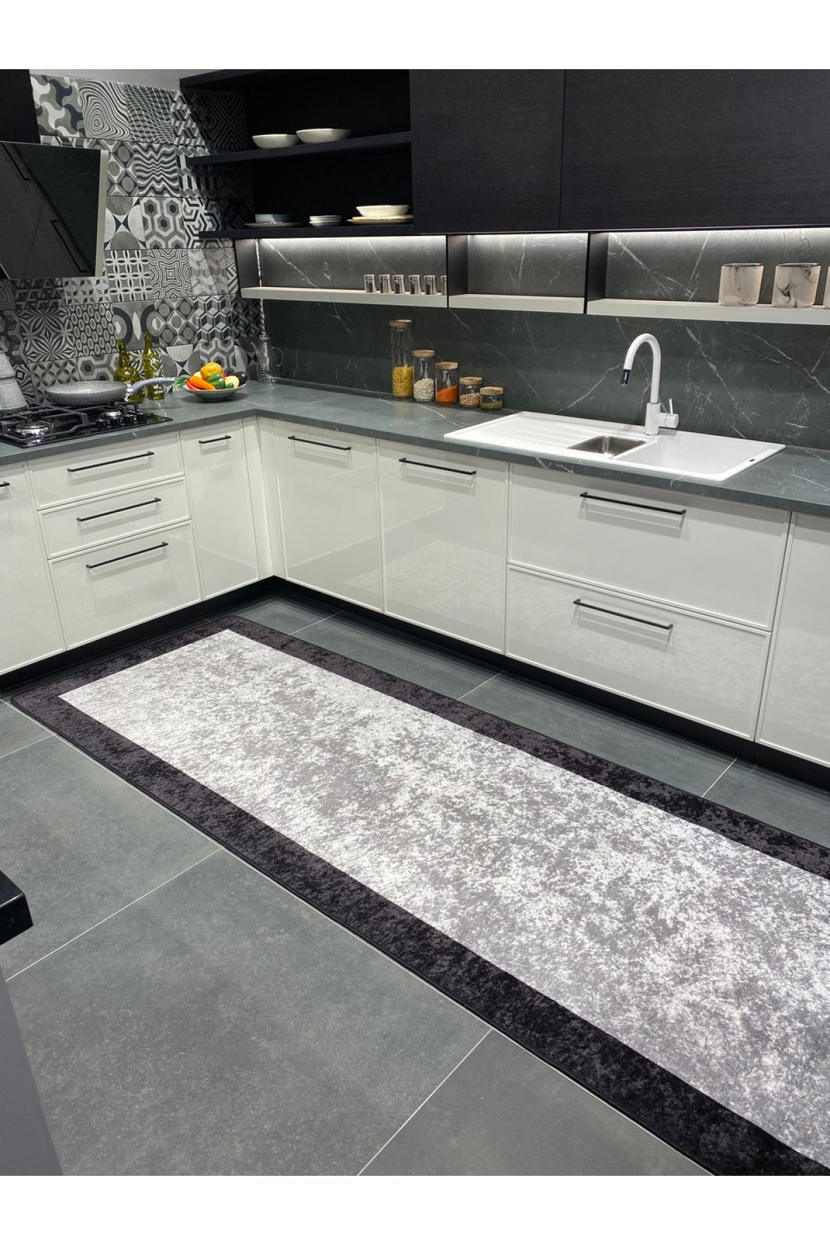 Geometric Striped Latex Leather Backing Fringeless Kitchen Rug - Gray-Black