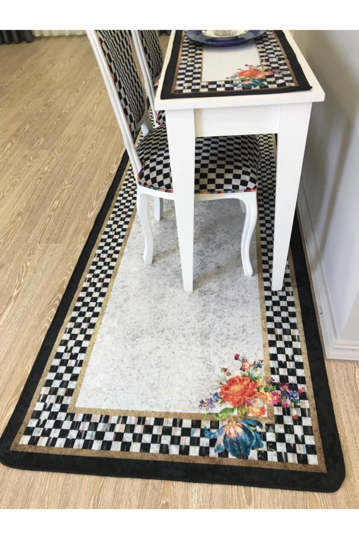 Checkered Floral Latex Non-Slip Base Fringe-Free Kitchen Rug