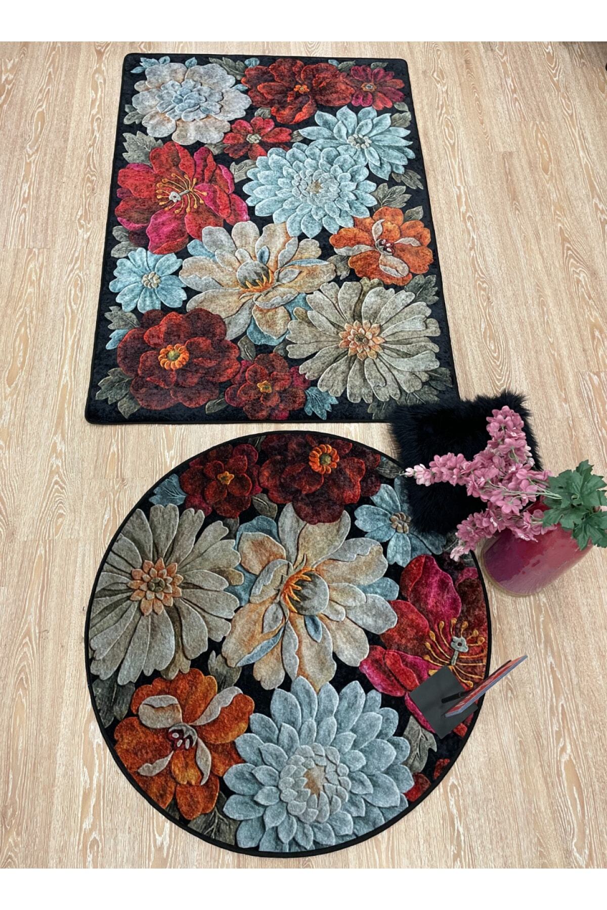Floral Pattern Washable Decorative Round Rug - Gray
