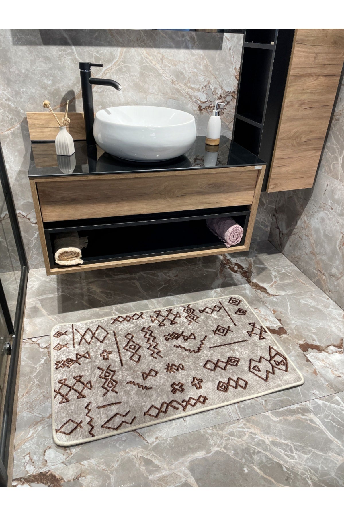Ethnic Pattern Single Bath Mat - Beige (70x160)